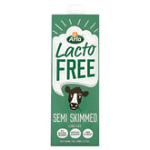 A green 1L carton of Arla Lactofree Long Life Semi Skimmed Milk features a cow illustration and product details on the front, providing delicious lactose free milk for everyday use.